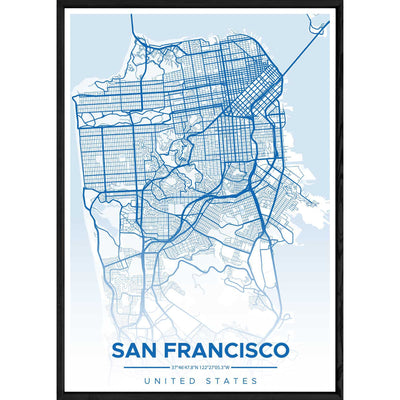 Tableau SAN FRANSISCO avec cadre noir ALL BLEU – Taille 32x42