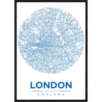 Tableau LONDON avec cadre noir ROUND BLEU – Taille 32x42