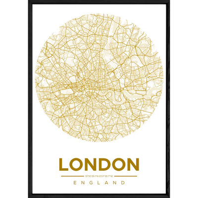 Tableau LONDON avec cadre noir ROUND JAUNE – Taille 32x42