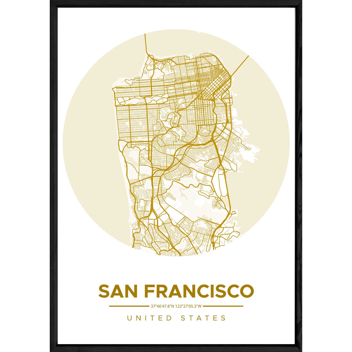 Tableau SAN FRANSISCO avec cadre noir ROUND JAUNE – Taille 23x32