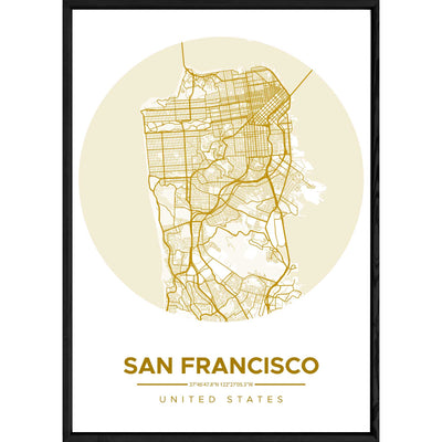 Tableau SAN FRANSISCO avec cadre noir ROUND JAUNE – Taille 32x42