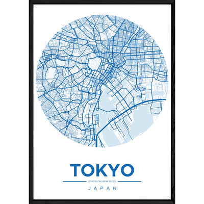 Tableau TOKYO avec cadre noir ROUND BLEU – Taille 32x42