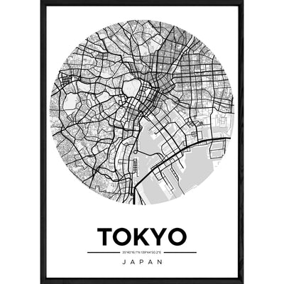 Tableau TOKYO avec cadre noir ROUND MONOCHROME – Taille 32x42
