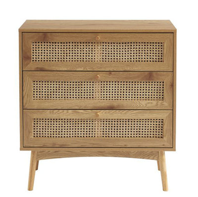 Commode effet chêne et cannage rotin 3 tiroirs L80cm x P40 x H85 cm