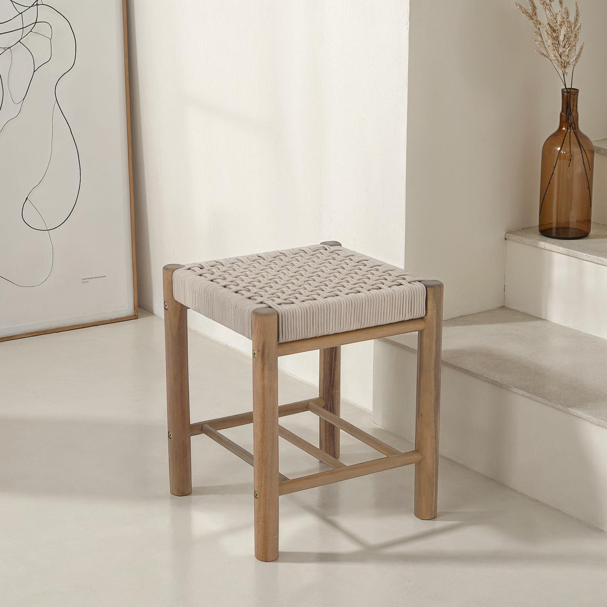 Tabouret intérieur et extérieur en bois d'acacia et corde beige