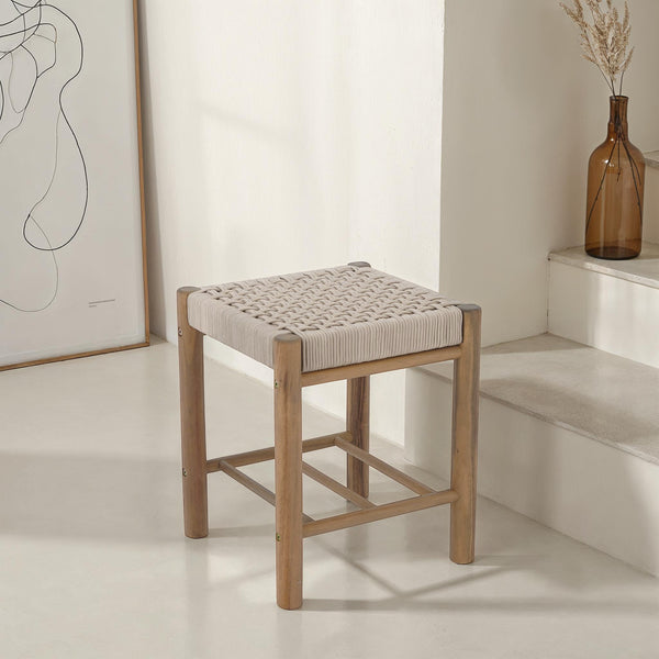 Tabouret intérieur et extérieur en bois d'acacia et corde beige
