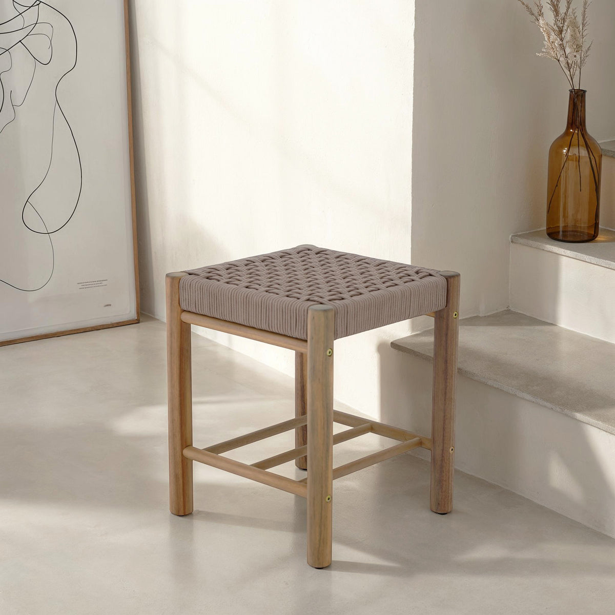 Tabouret intérieur et extérieur en bois d'acacia et corde marron clair