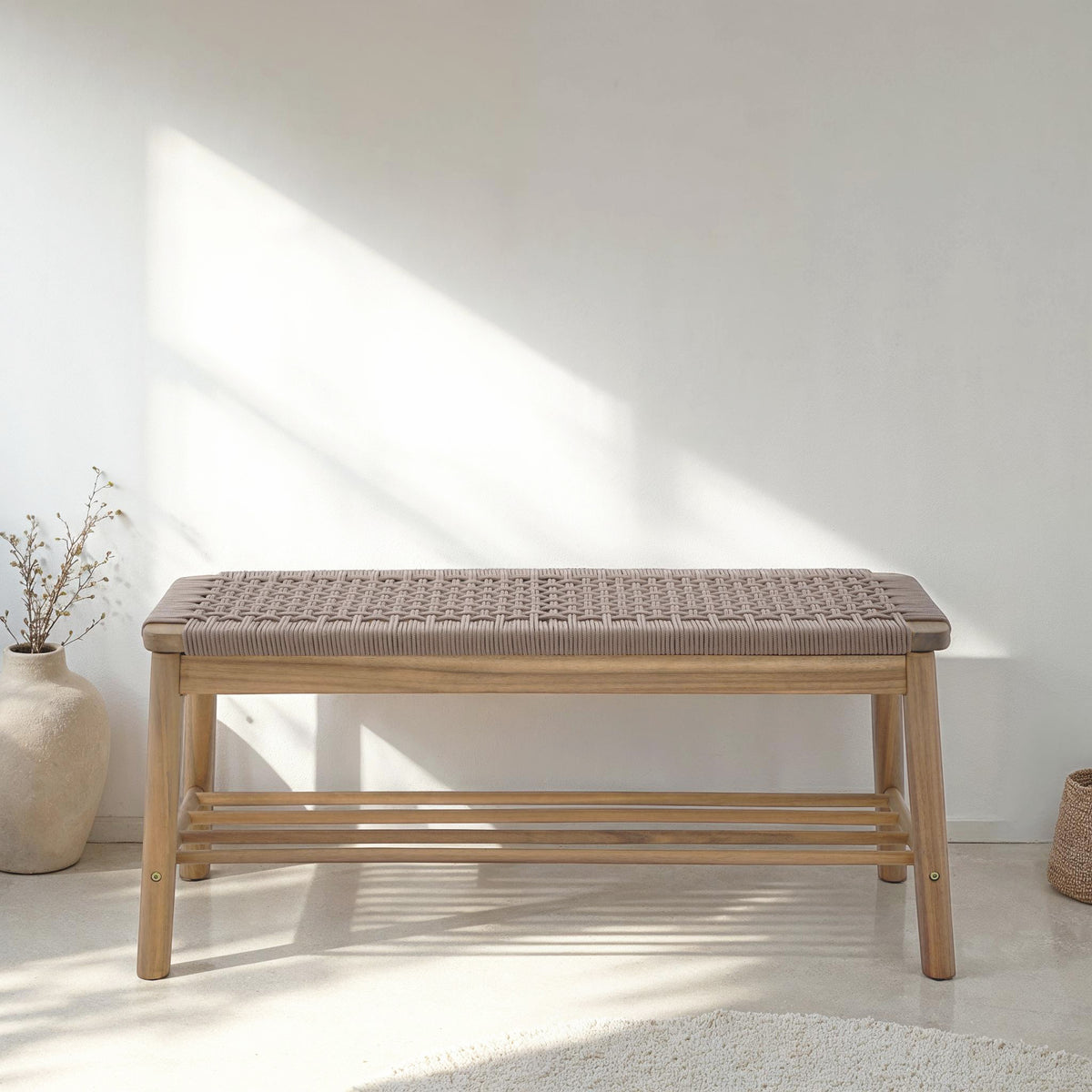 Banc intérieur et extérieur en bois d'acacia et corde marron clair