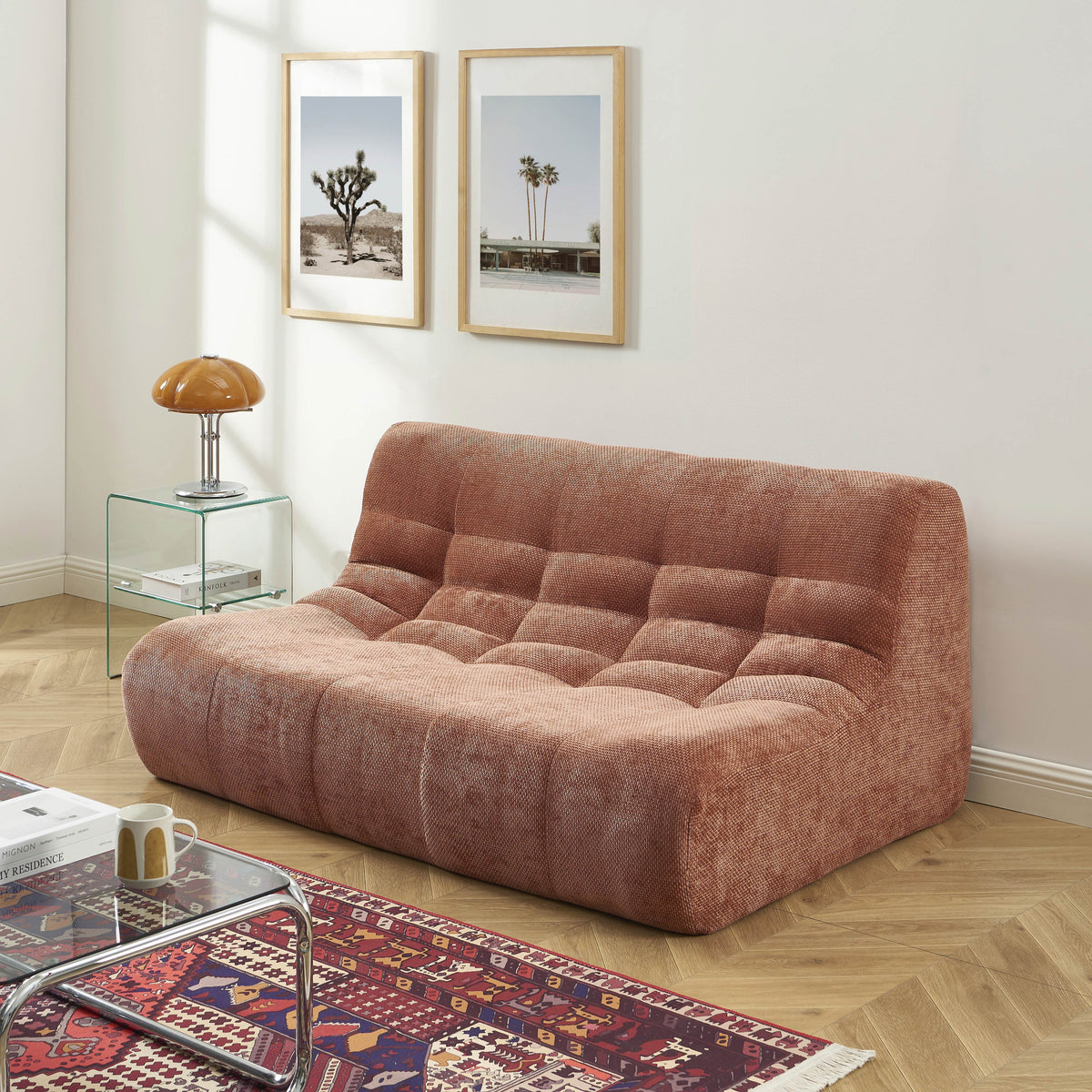 Banquette modulable 2 places tissu chenille terracotta