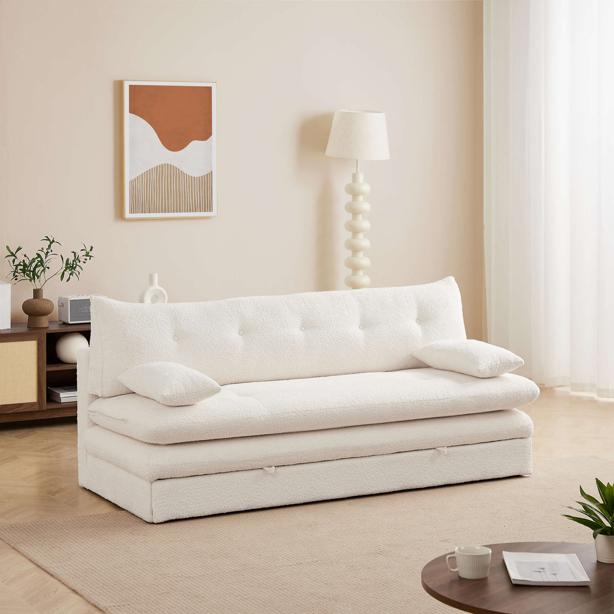 Banquette convertible 3 places tissu bouclette beige L193 x P88 x H86