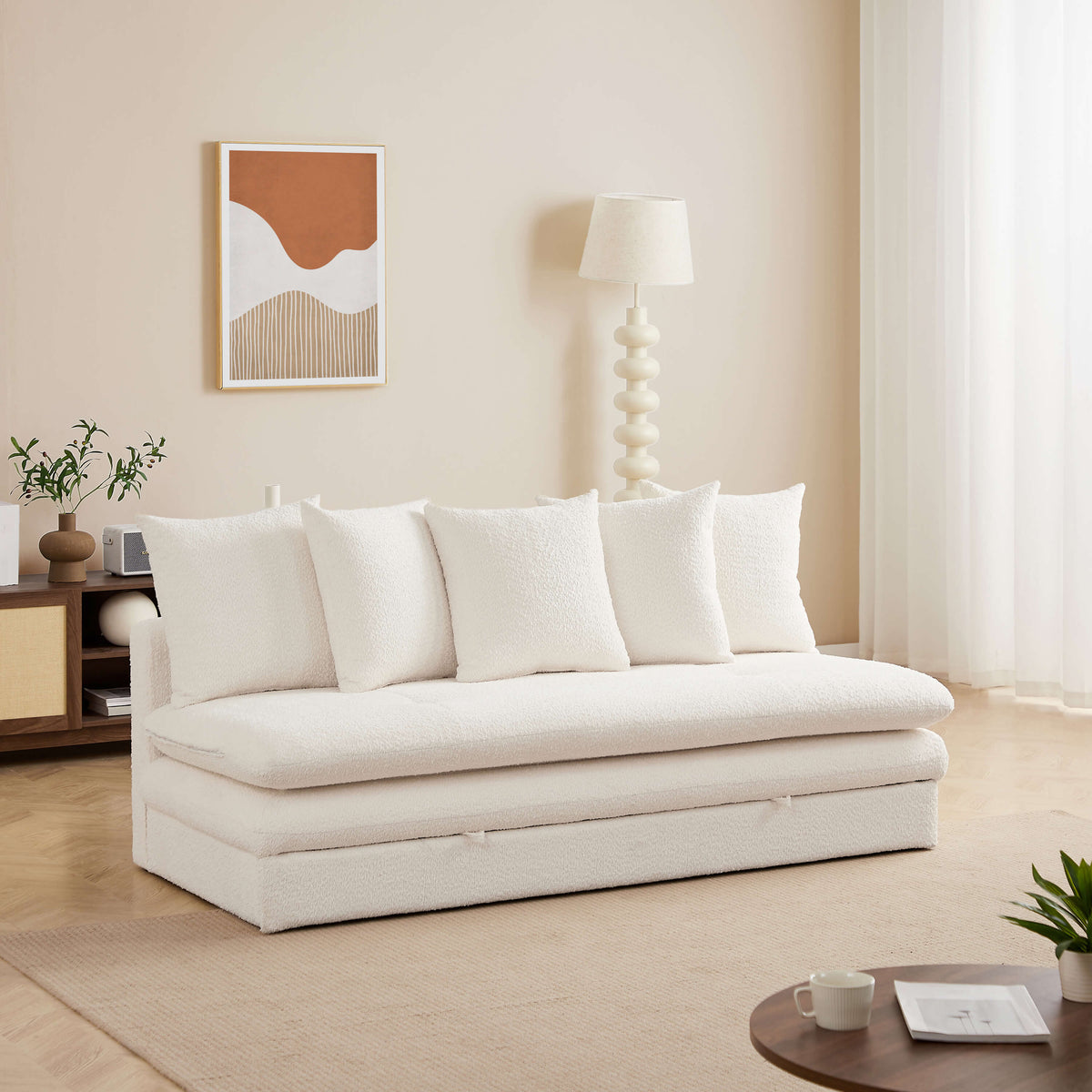 Banquette convertible 3 places tissu bouclette beige L193 x P88 x H82