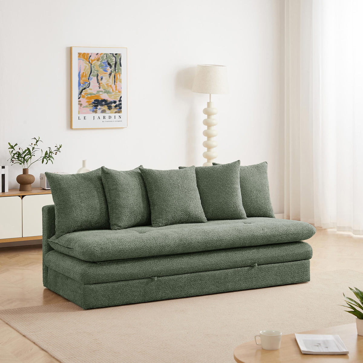 Banquette convertible 3 places tissu bouclette vert L193 x P88 x H82