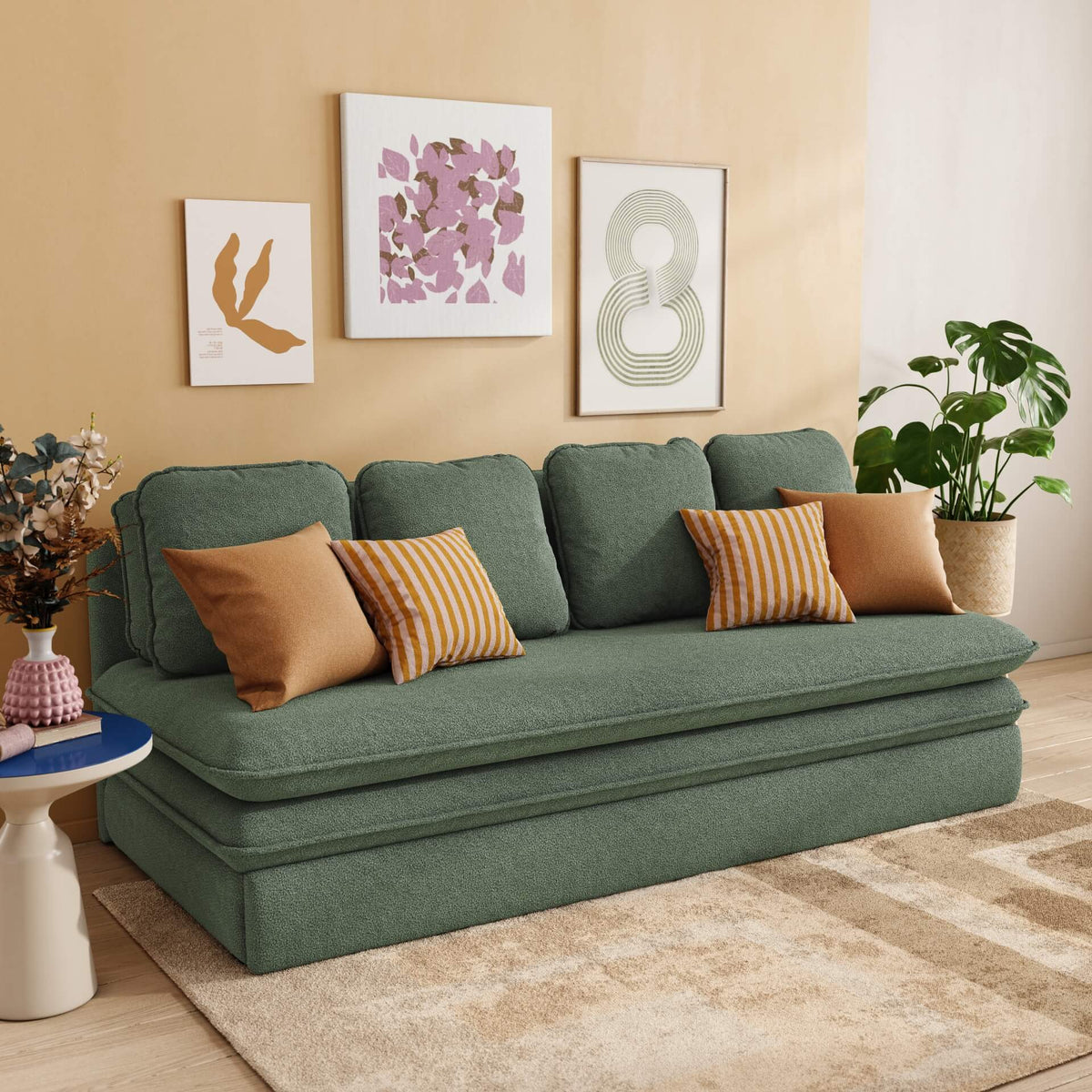 Banquette convertible 3 places tissu bouclette vert kaki