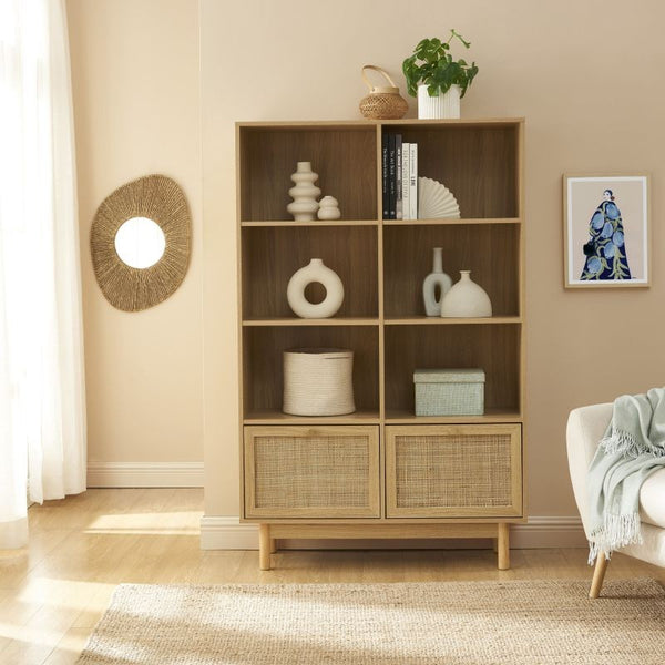 PRIX MINI : Bibliothèque L100 cm cannage rotin et effet chêne