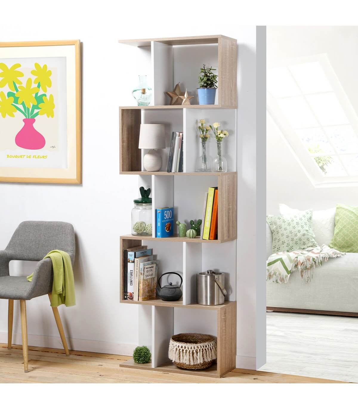 Bibliothèque H180 cm - Décor Bois et Blanc