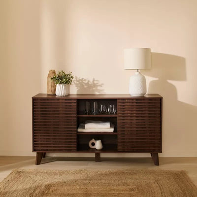 Buffet 2 portes coulissantes façades effet bois rainuré L140 cm FRATTEL
