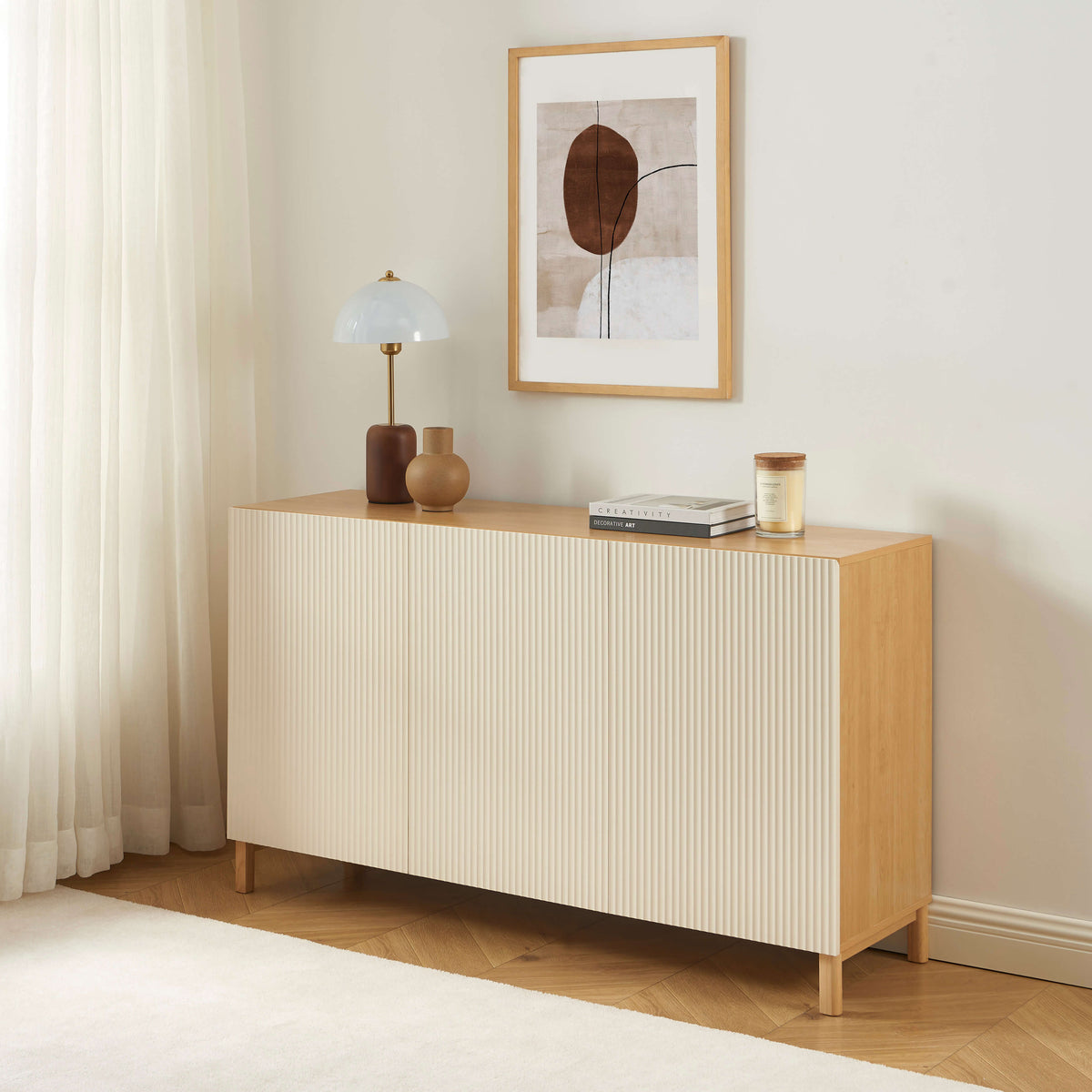 Buffet effet chêne 3 portes beiges 140 cm