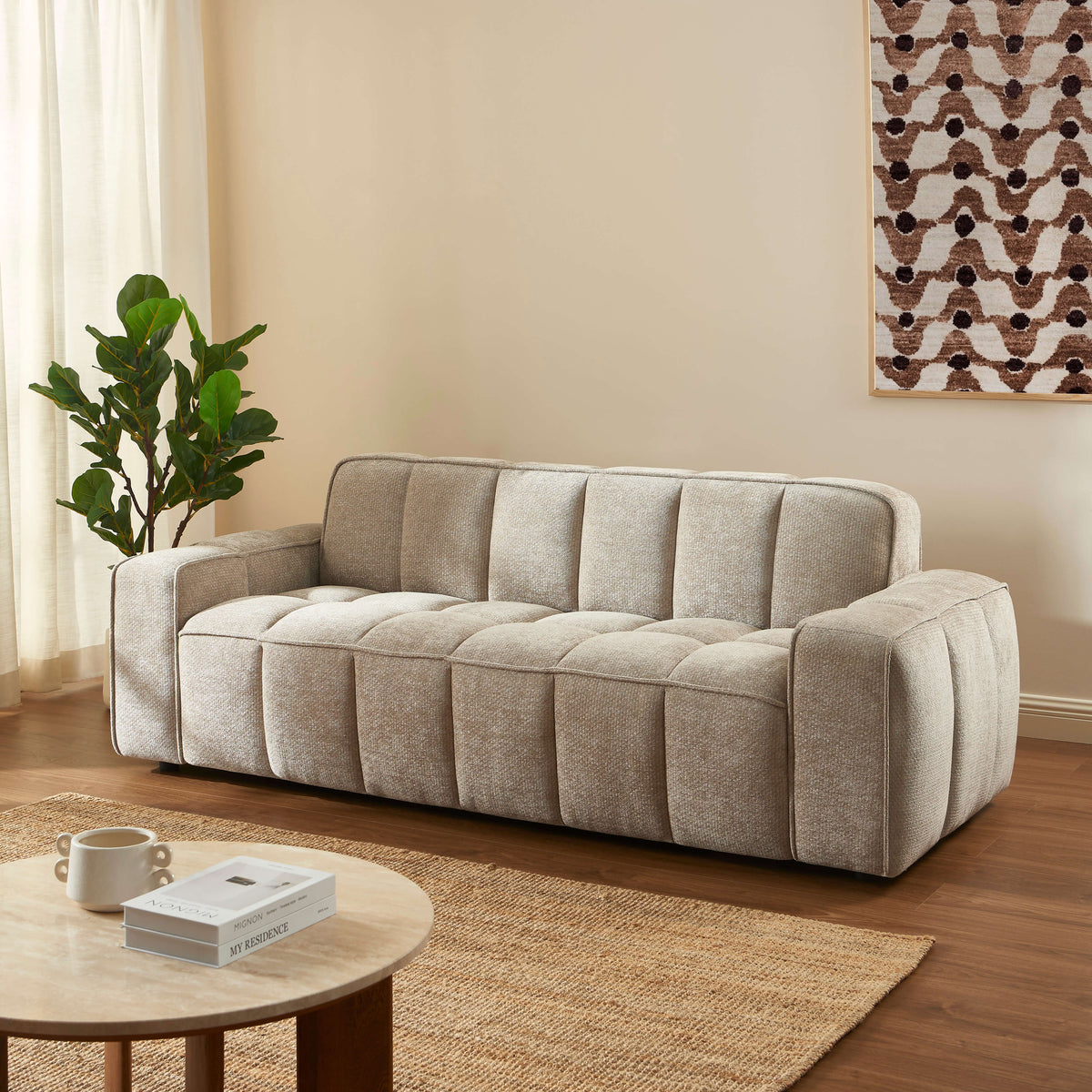 Canapé 3 places tissu chenille beige