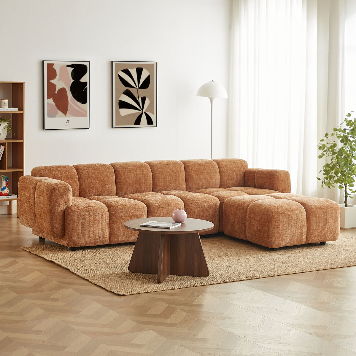 Canapé d'angle modulable 4 places tissu velours texturé terracotta