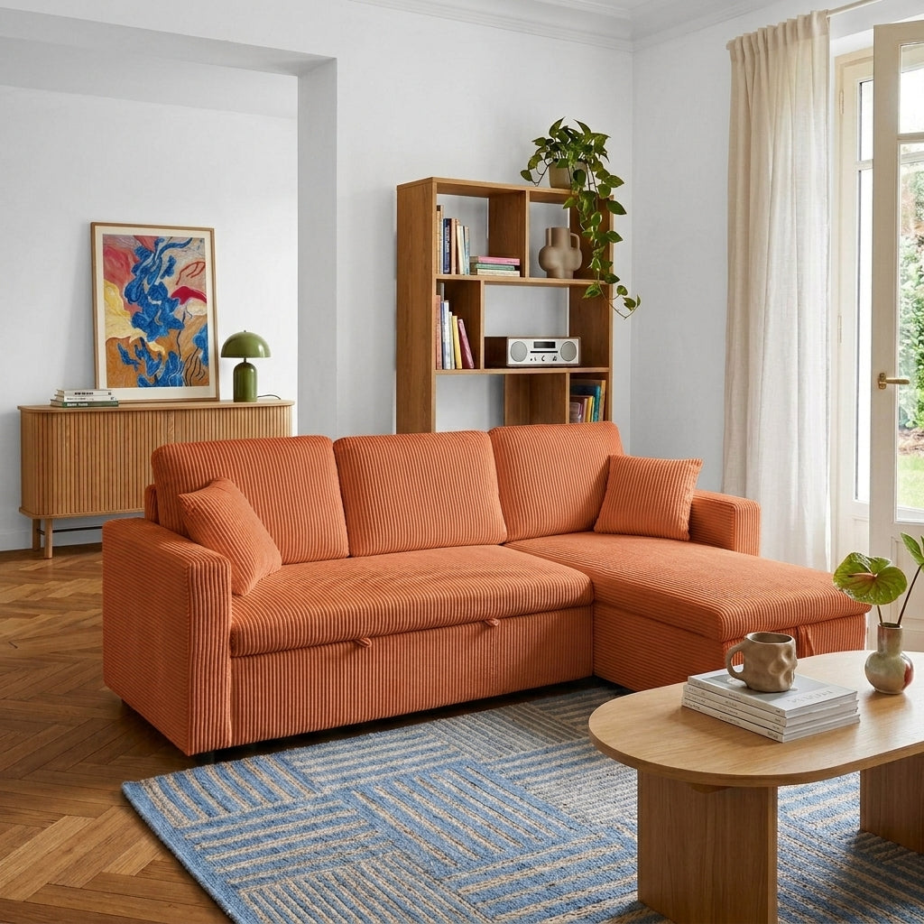 Canapé d'angle convertible et réversible 4 places velours côtelé terracotta L225