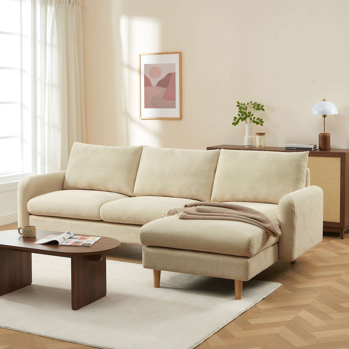 Canapé d'angle réversible fixe 4 places tissu chenille taupe