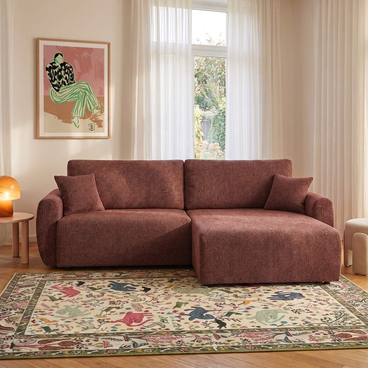 Canapé d'angle convertible et réversible 4 places tissu chenille bordeaux