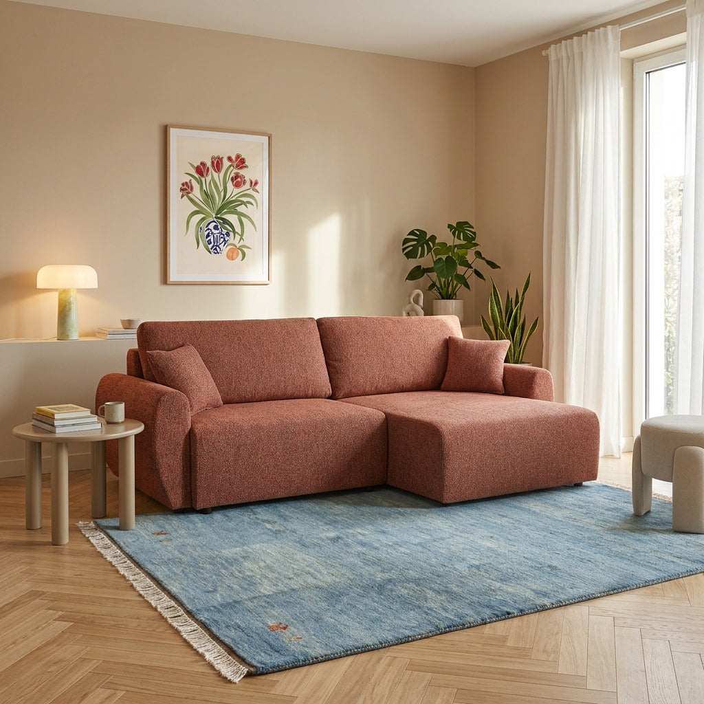 Canapé d'angle convertible et réversible 4 places tissu chenille terracotta