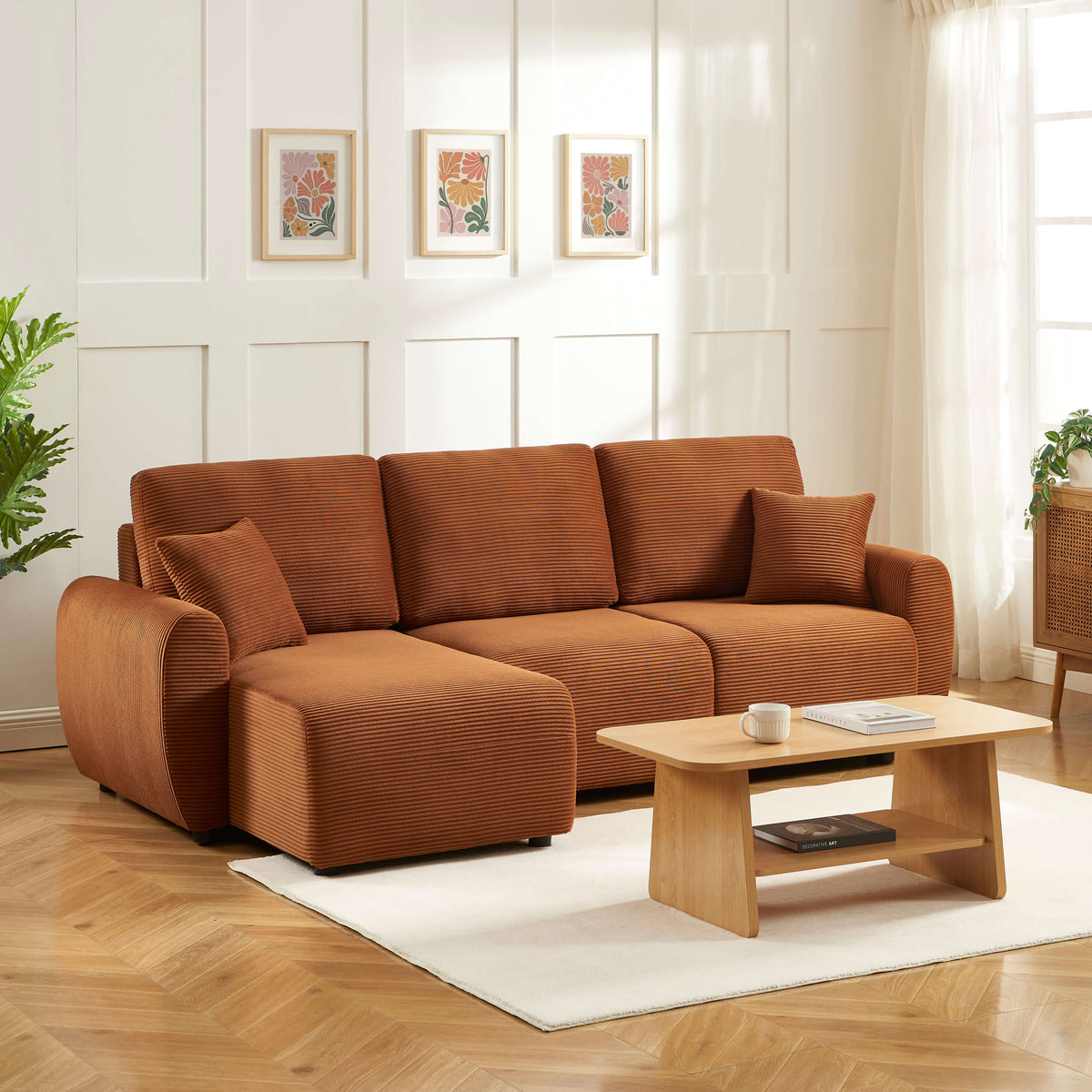 Canapé d'angle convertible et réversible 4 places velours côtelé terracotta L249
