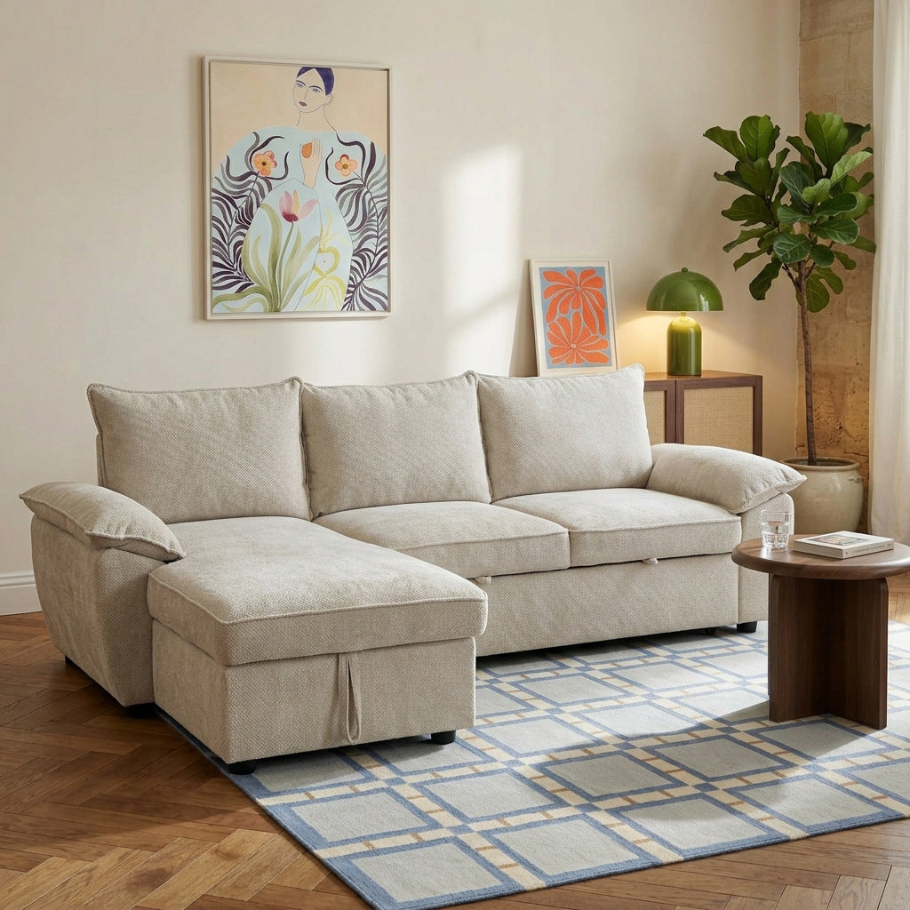 Canapé d'angle gauche convertible 4 places tissu chenille tramé beige
