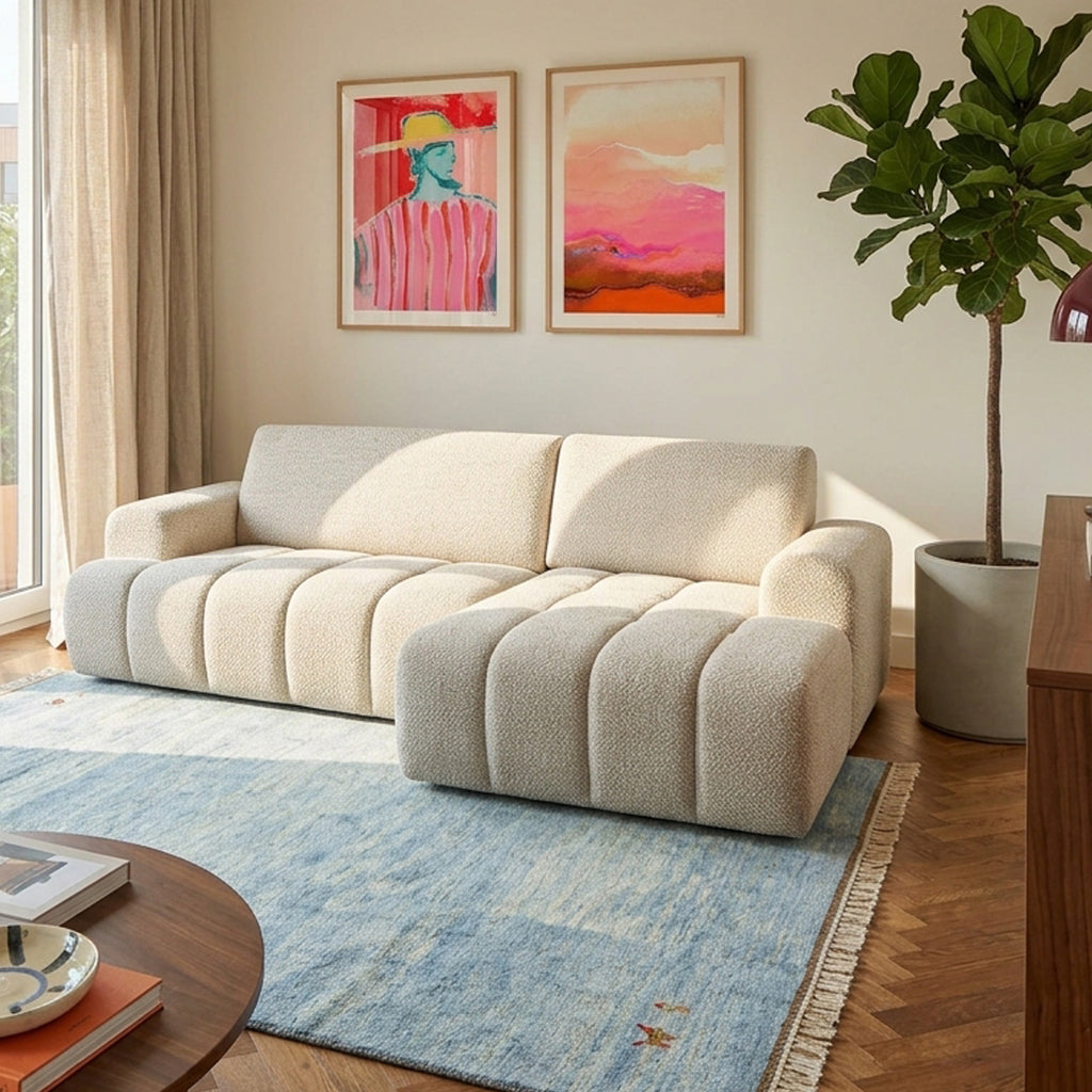 Canapé d'angle droit compressé 4 places tissu chenille crème