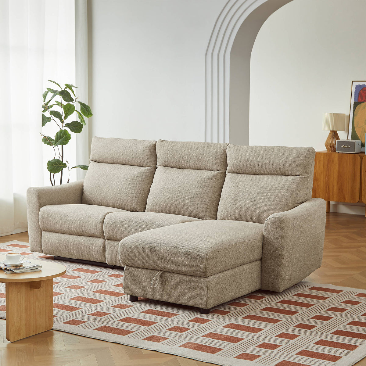 Canapé d'angle droit relax électrique 4 places tissu chenille beige