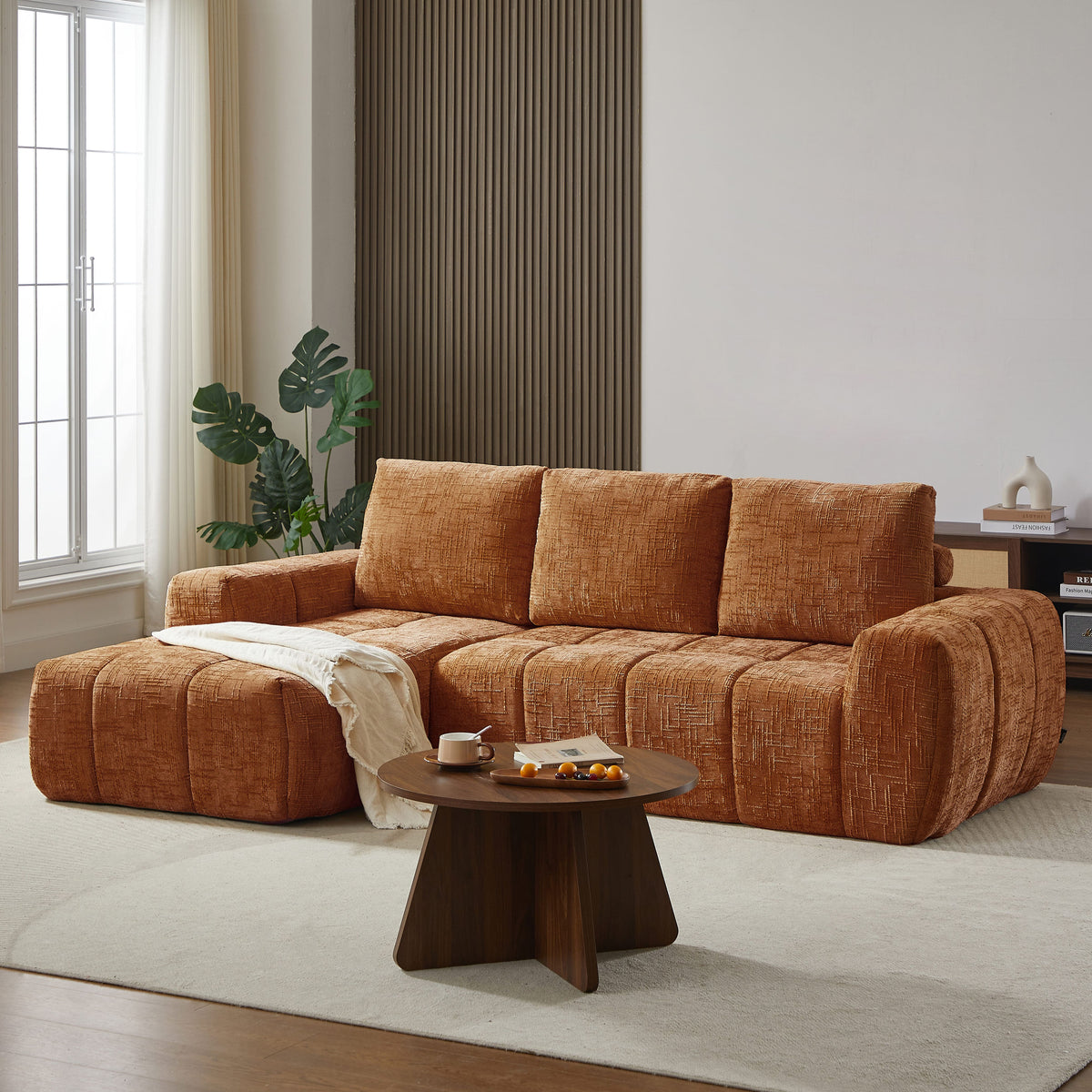 Canapé d'angle gauche compressé 4 places tissu terracotta