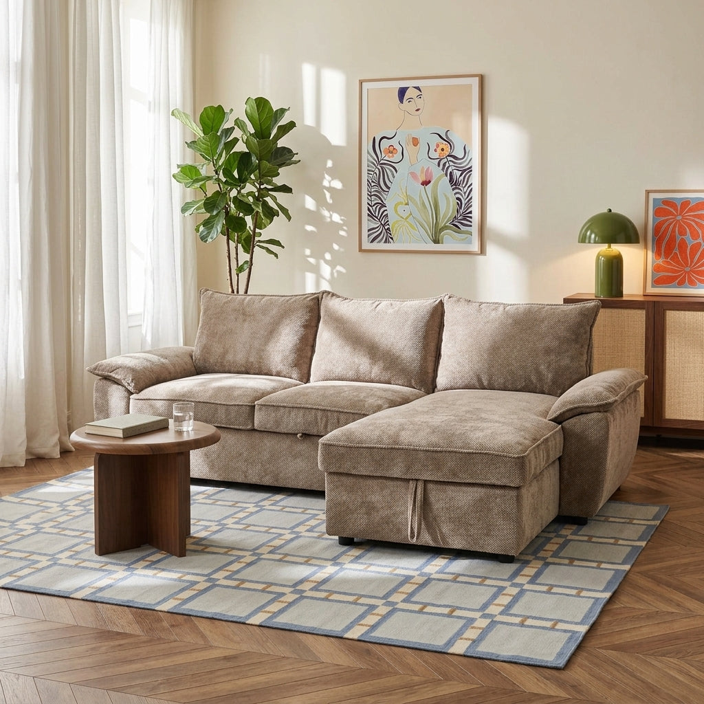 Canapé d'angle droit convertible 4 places tissu chenille tramé taupe