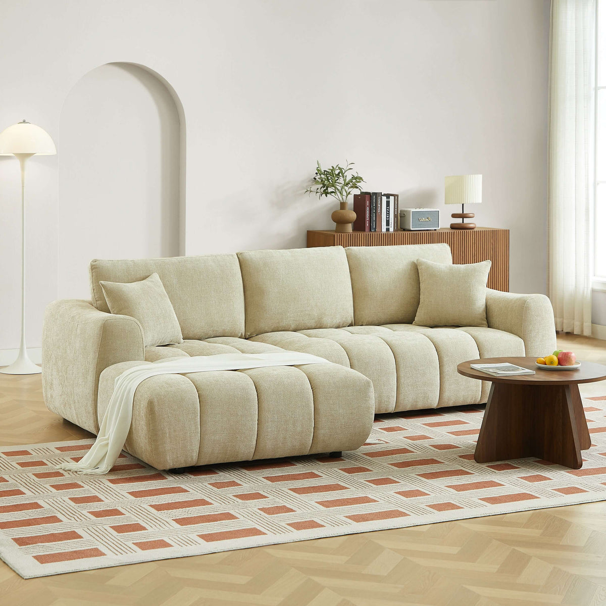 Canapé d'angle gauche fixe 4 places tissu chenille taupe
