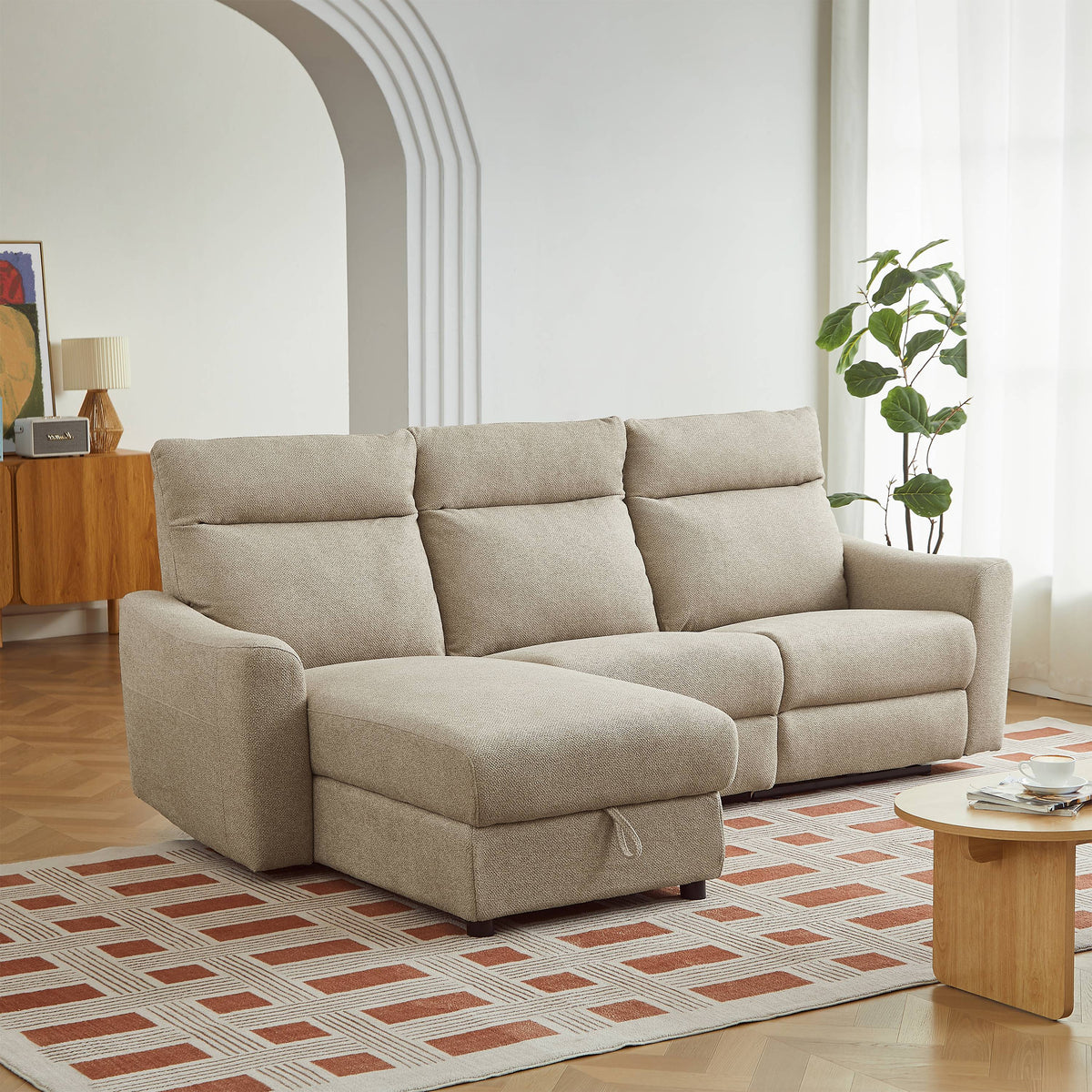 Canapé d'angle gauche relax électrique 4 places tissu chenille beige