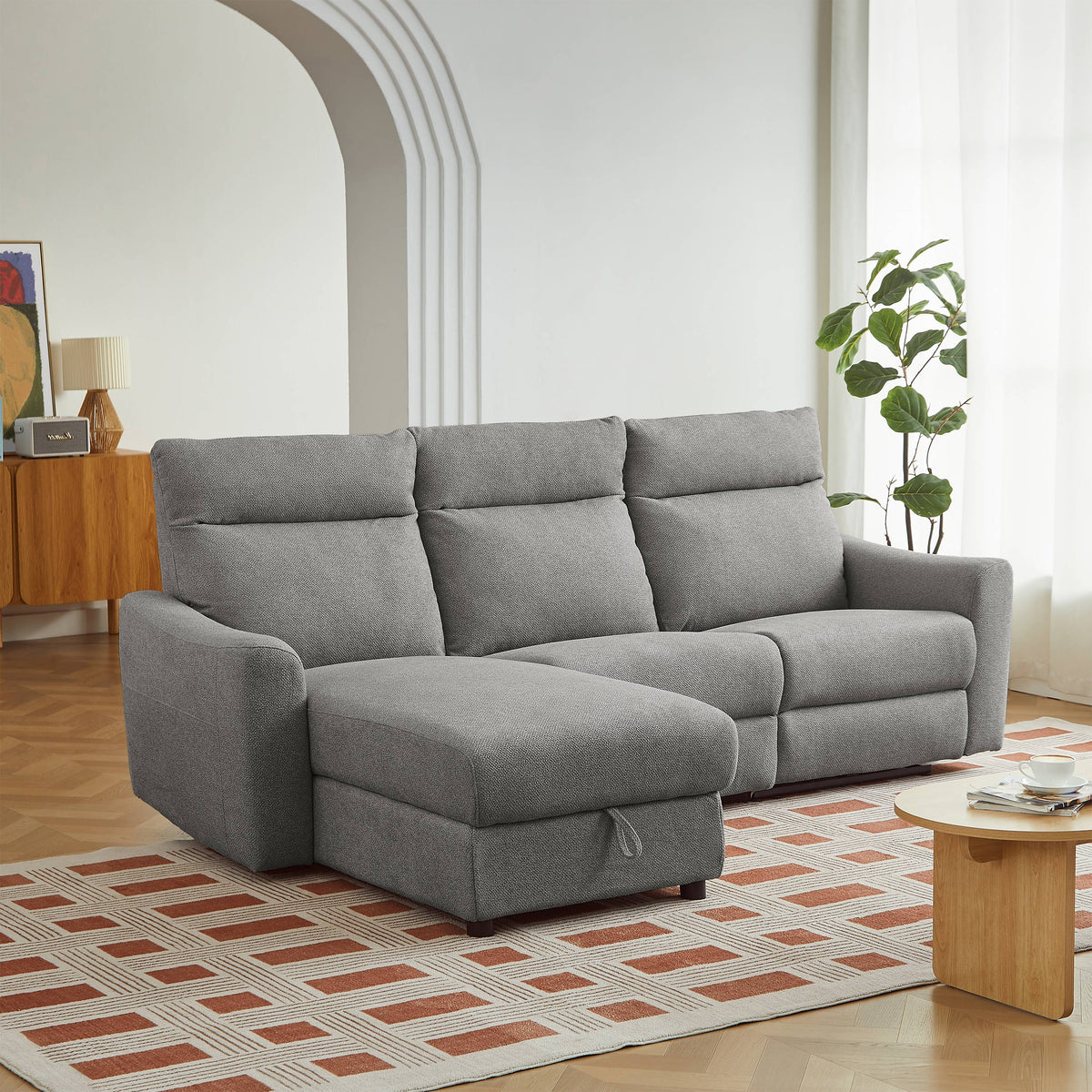 Canapé d'angle gauche relax électrique 4 places tissu chenille gris clair