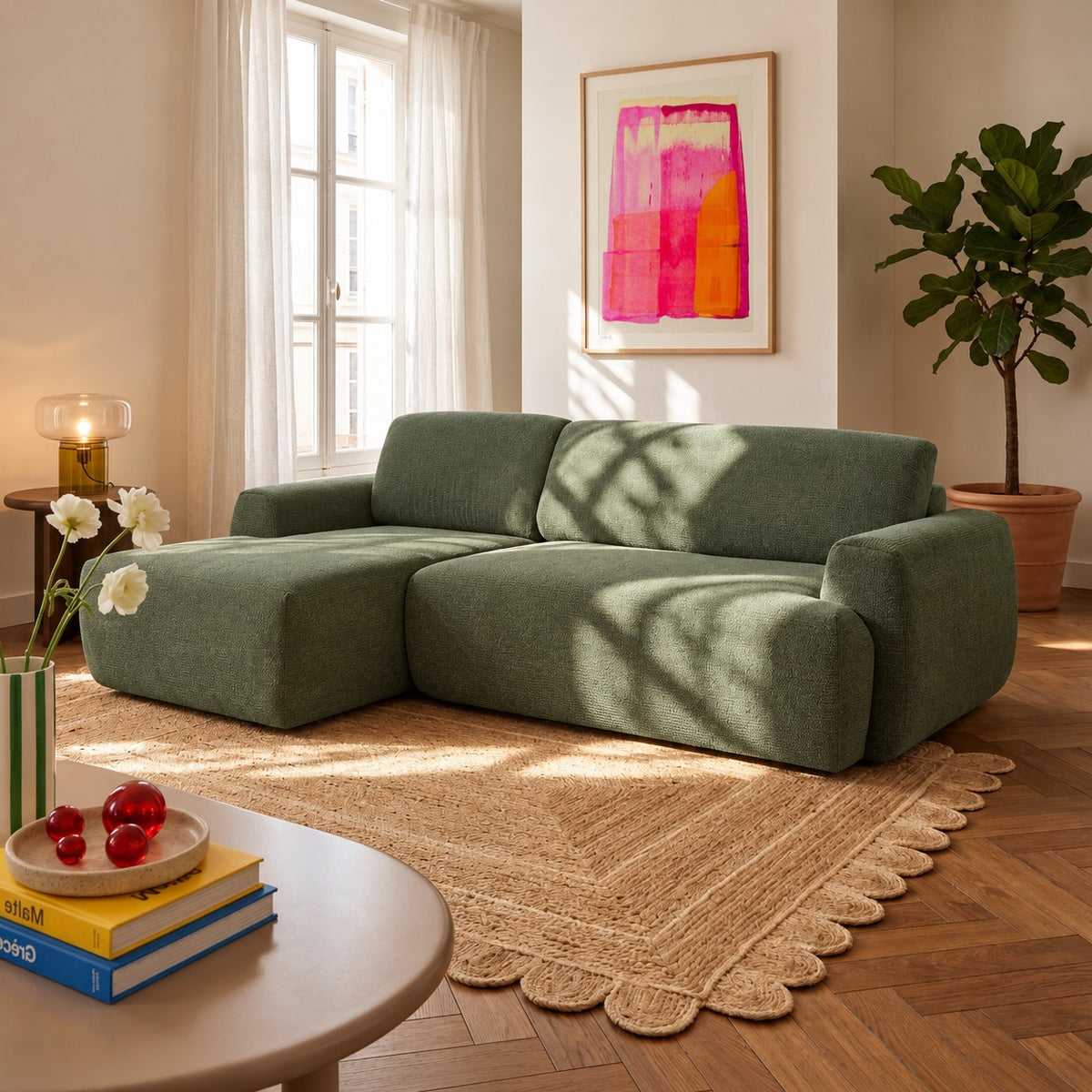 Canapé d'angle gauche compressé 4 places tissu chenille vert L260