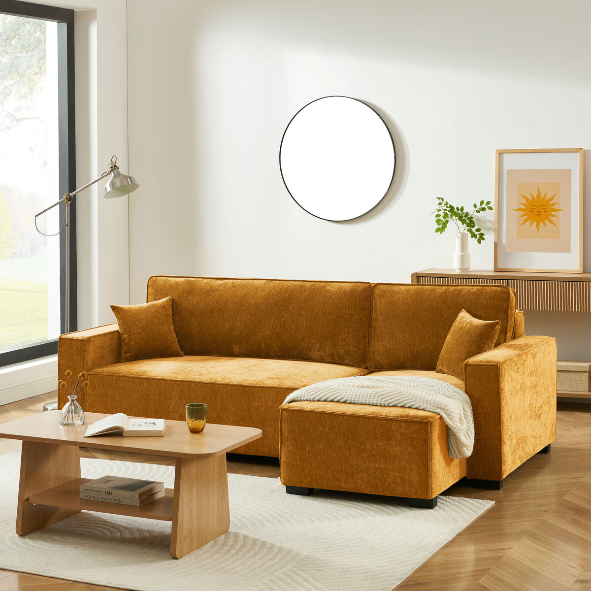 Canapé d'angle convertible et réversible 4 places tissu jaune L233