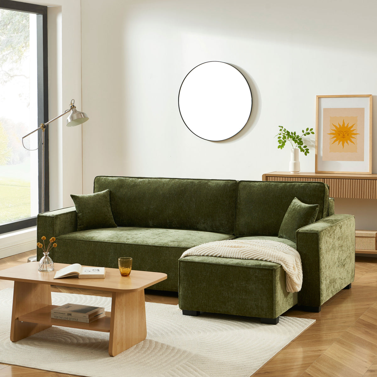Canapé d'angle convertible et réversible 4 places tissu vert L233