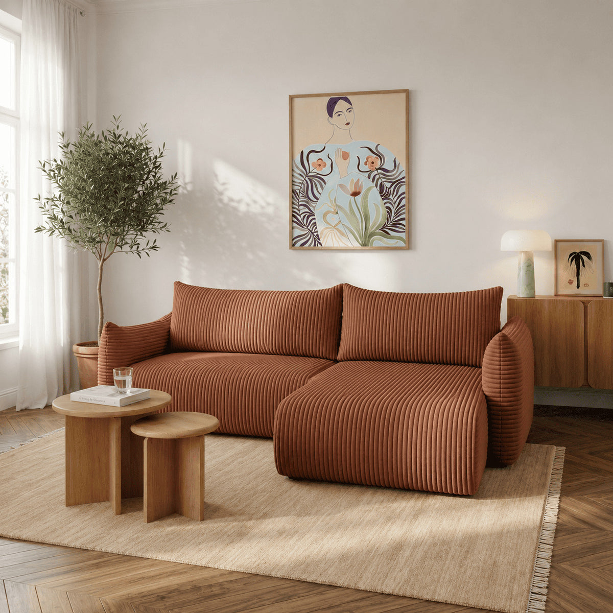 Canapé d'angle convertible et réversible 4 places velours côtelé terracotta L260