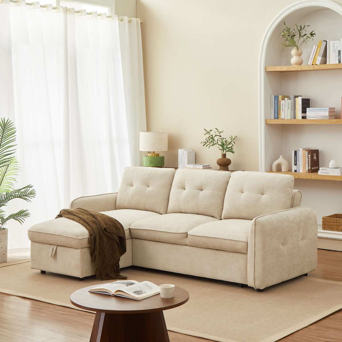 Canapé d'angle convertible et réversible 4 places tissu chenille beige L236