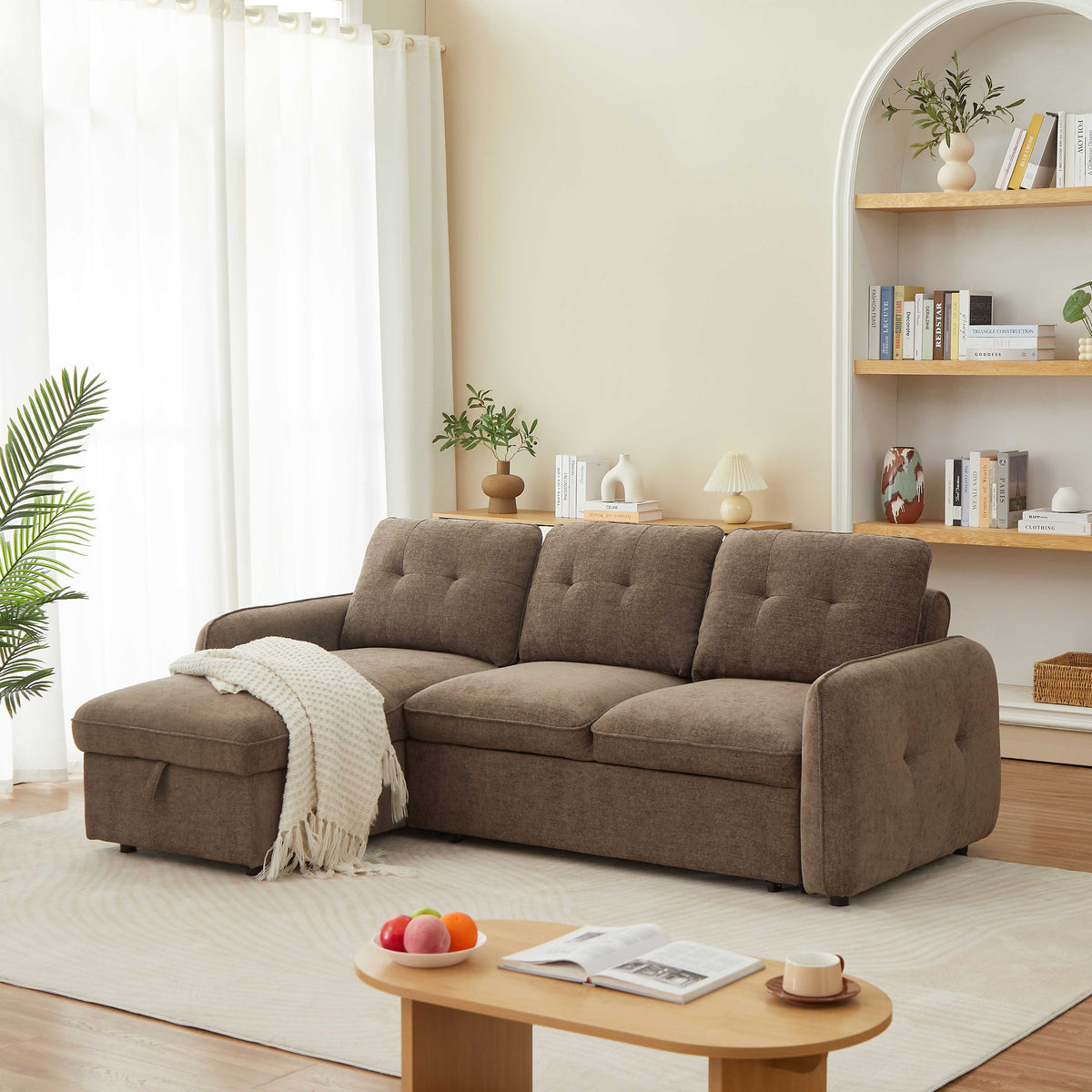 Canapé d'angle convertible et réversible 4 places tissu chenille marron L236