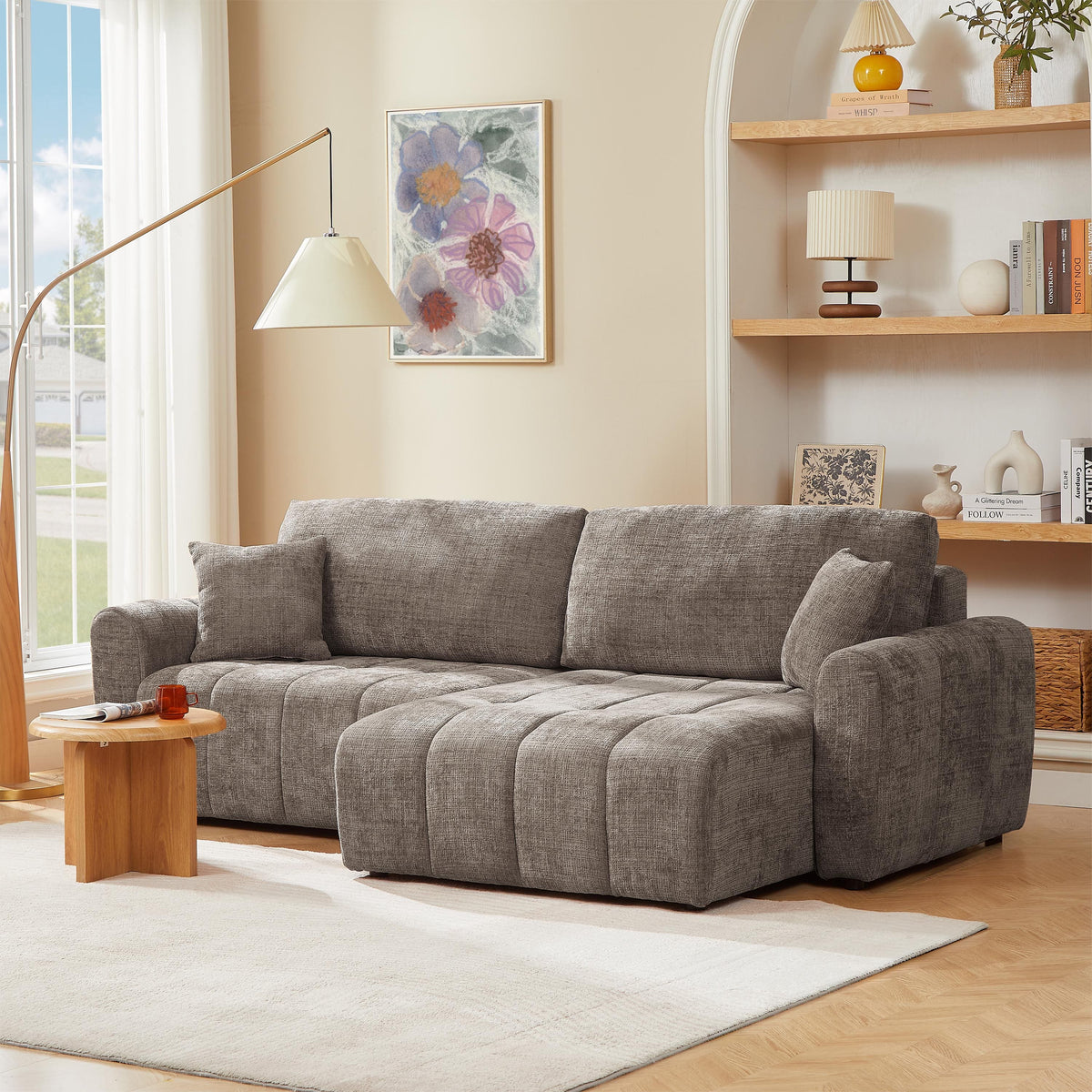 Canapé d'angle convertible et réversible 4 places tissu texturé marron