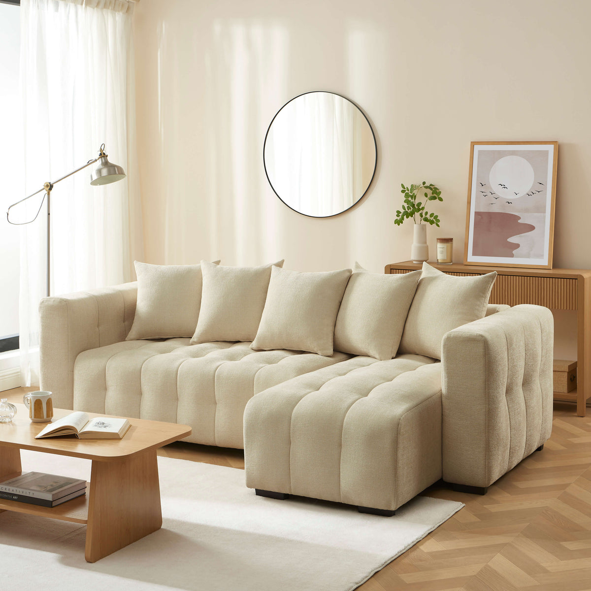 Canapé d'angle convertible et réversible 4 places tissu taupe L250
