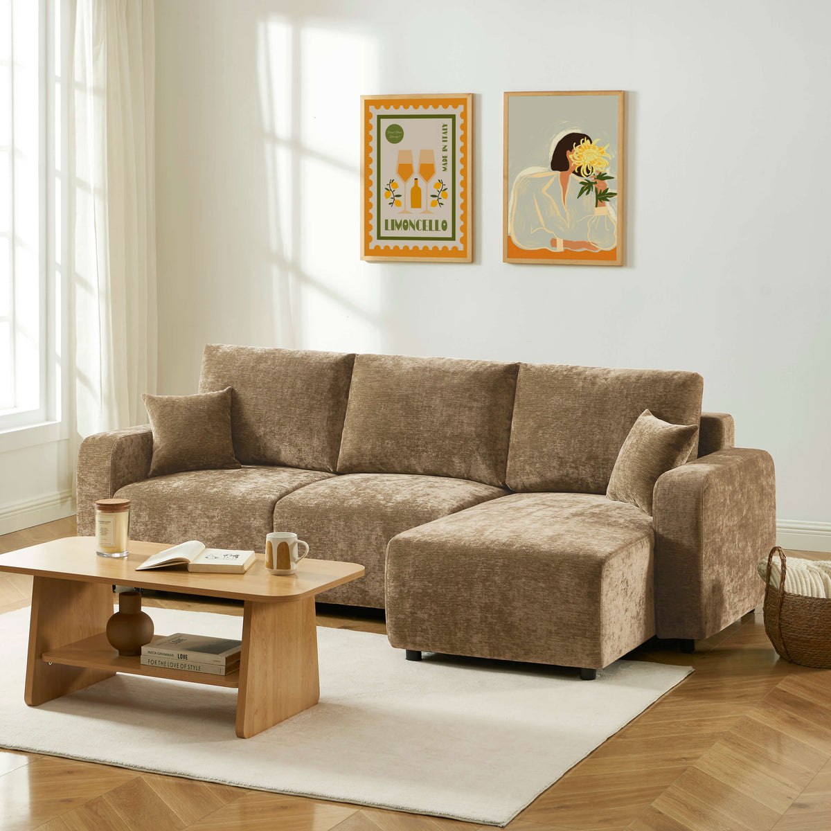 Canapé d'angle convertible et réversible 4 places tissu marron L234