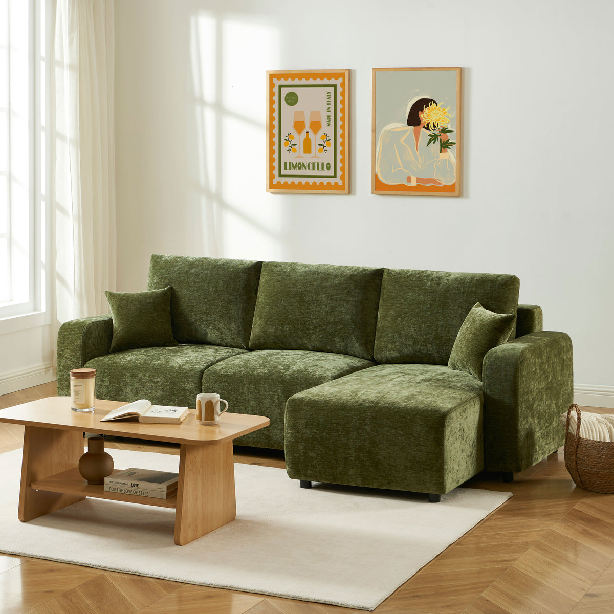 Canapé d'angle convertible et réversible 4 places tissu vert L234