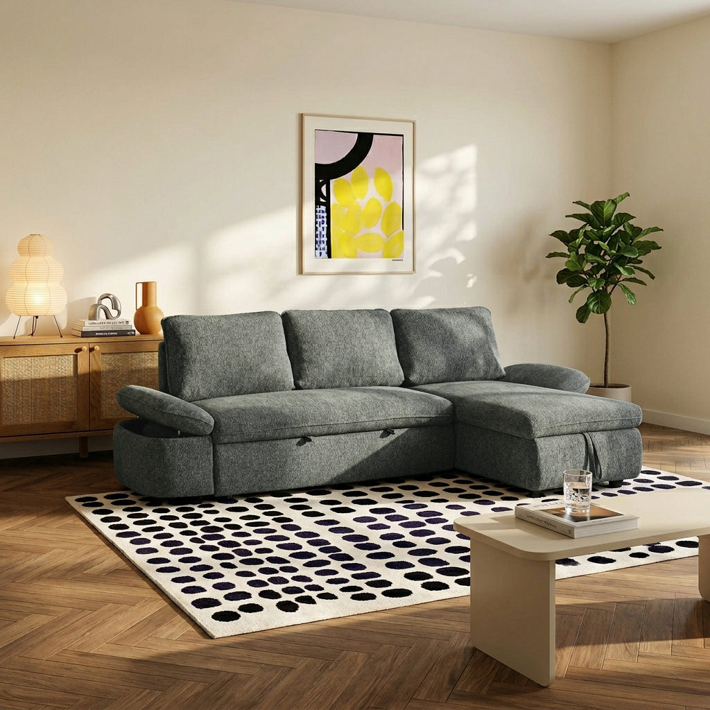 Canapé d'angle convertible et réversible 4 places tissu chenille tramé vert