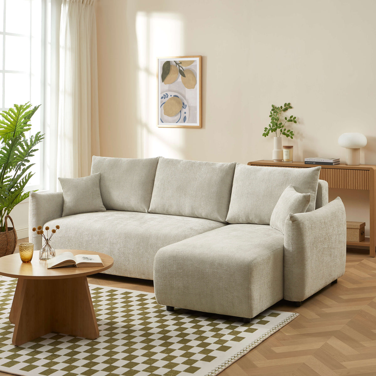 Canapé d'angle convertible et réversible 4 places tissu chenille beige L235