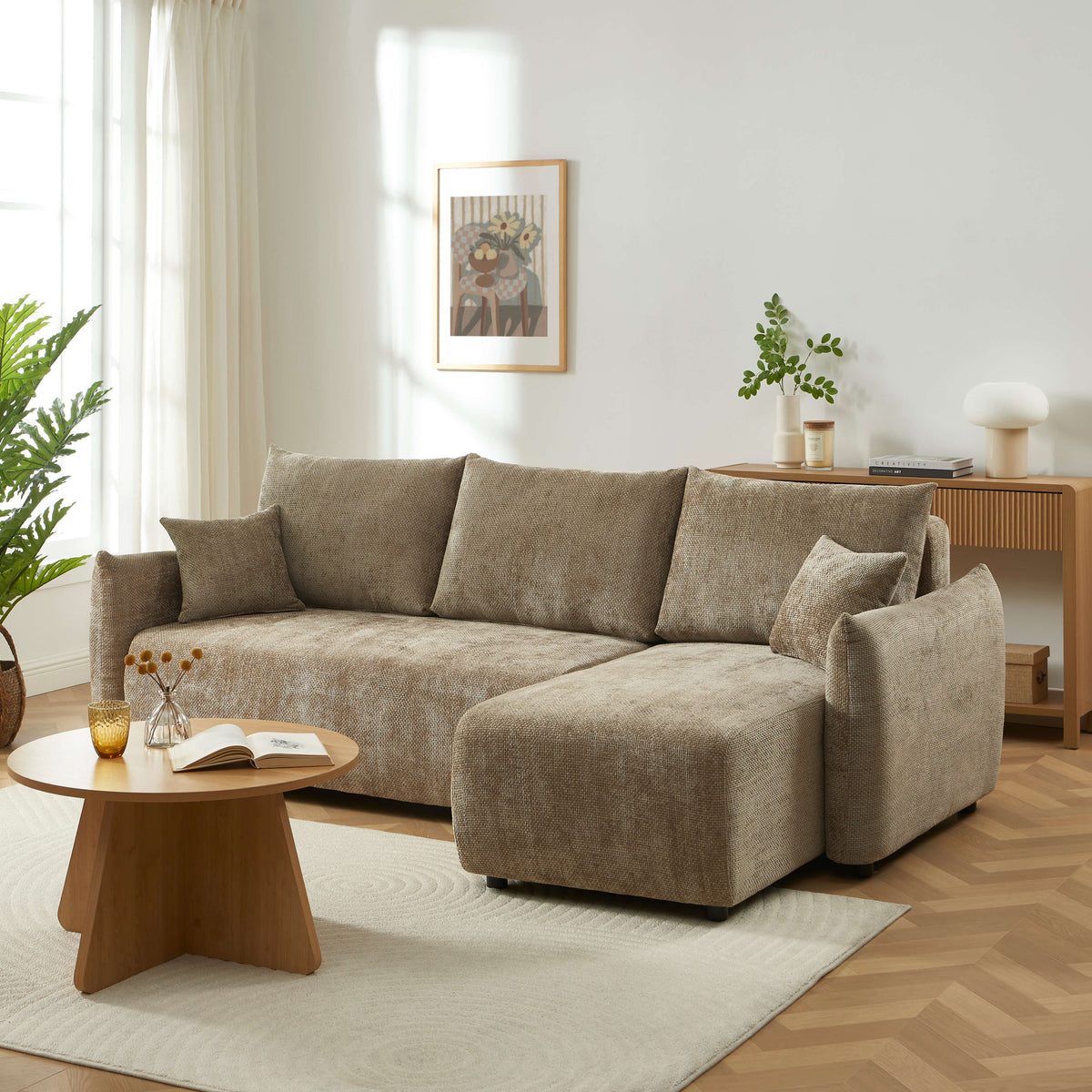 Canapé d'angle convertible et réversible 4 places tissu chenille marron L235