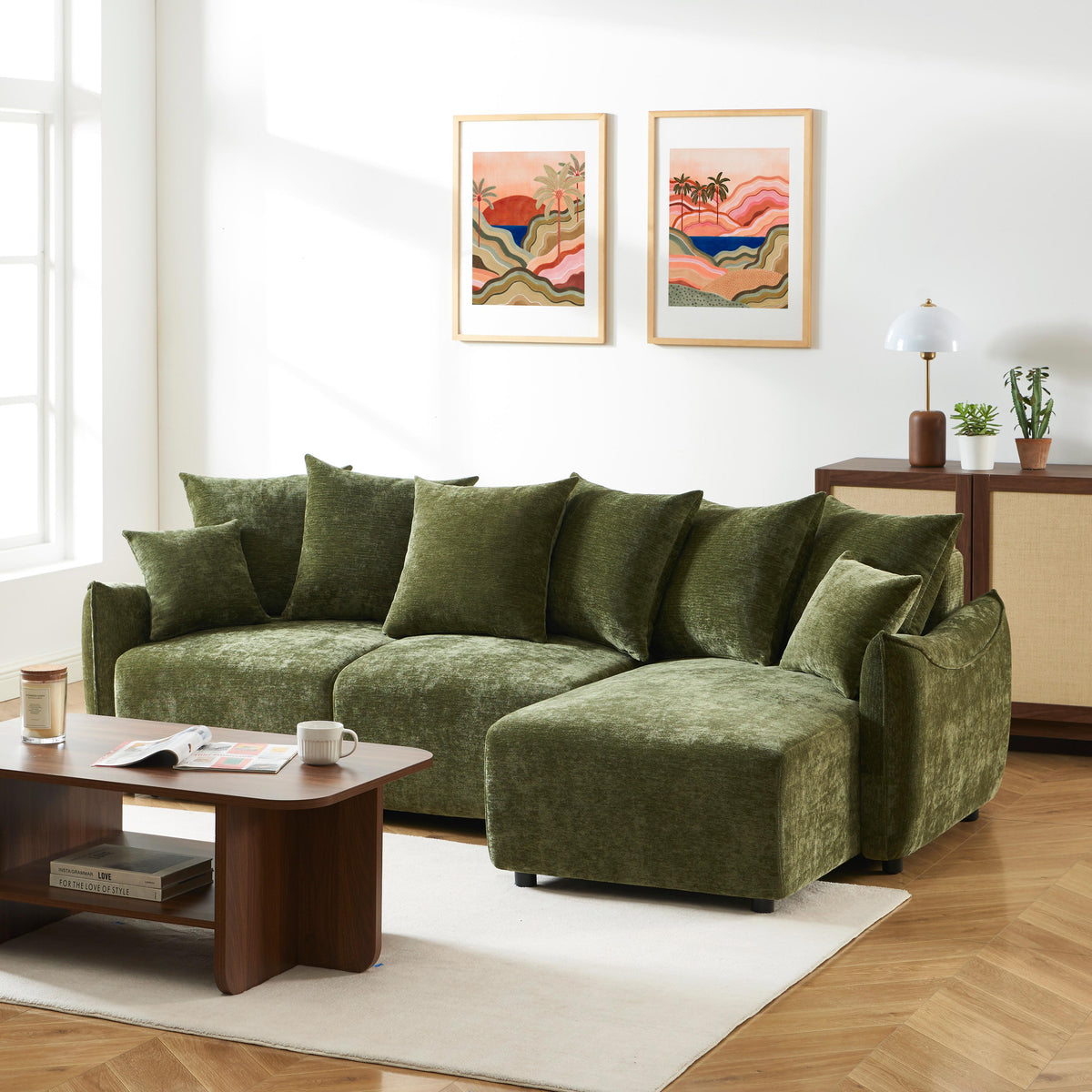 Canapé d'angle convertible et réversible 4 places tissu vert L230